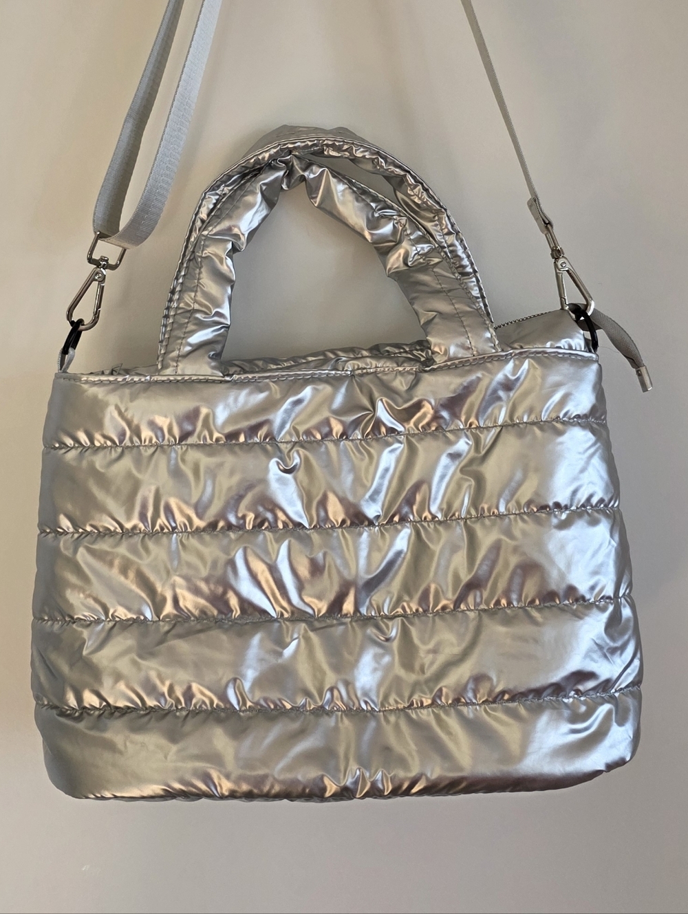 Y2K Silver Puffy Shoulder Bag Metallic Quilted Tote Crossbody